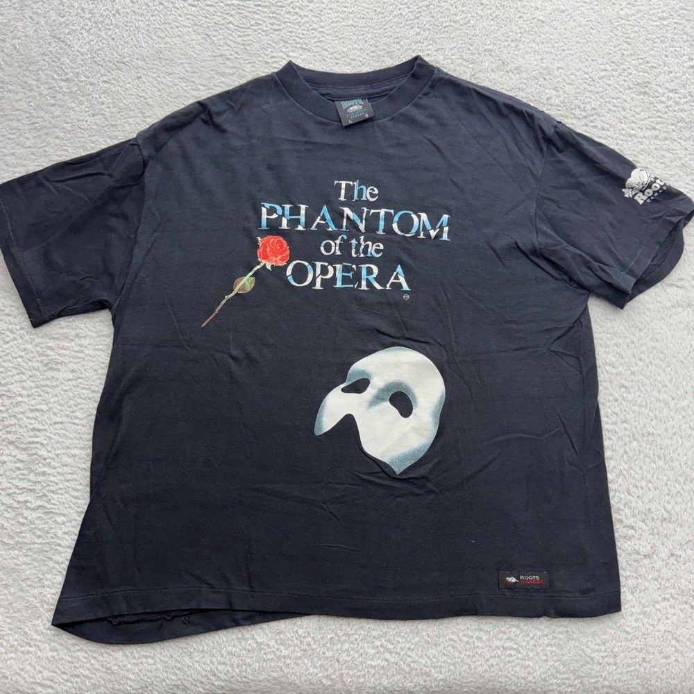 Vintage 1986 Phantom of the Opera Shirt Roots Athletics Black Large Broadway 80s